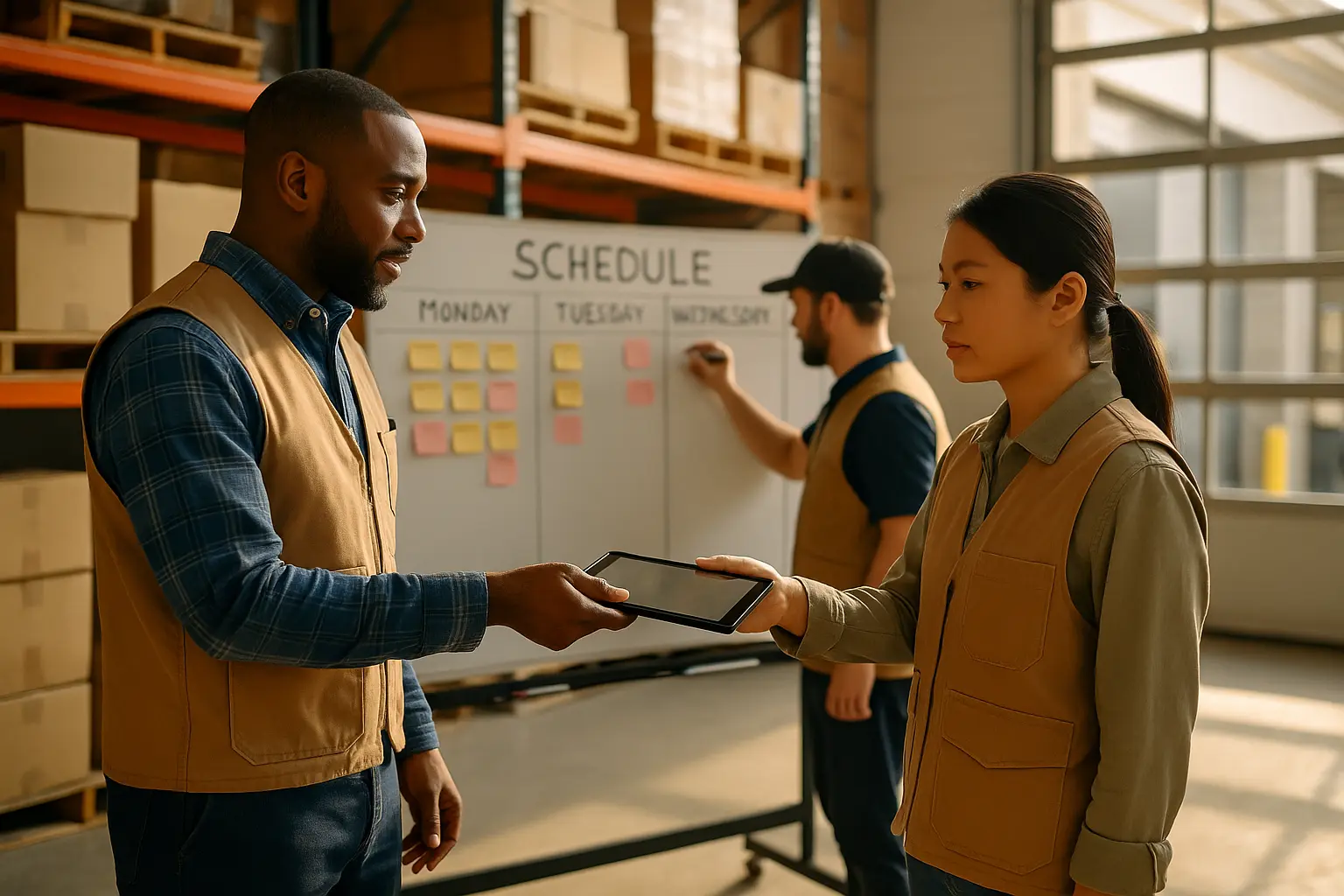 Supervisor hands a tablet to a technician beside a whiteboard schedule in a warehouse office.