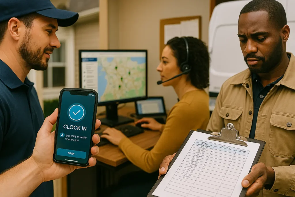 Technician clocks in with GPS on a mobile app while a dispatcher monitors routes and a coworker reviews a job log—Field Service Time Tracking in action.