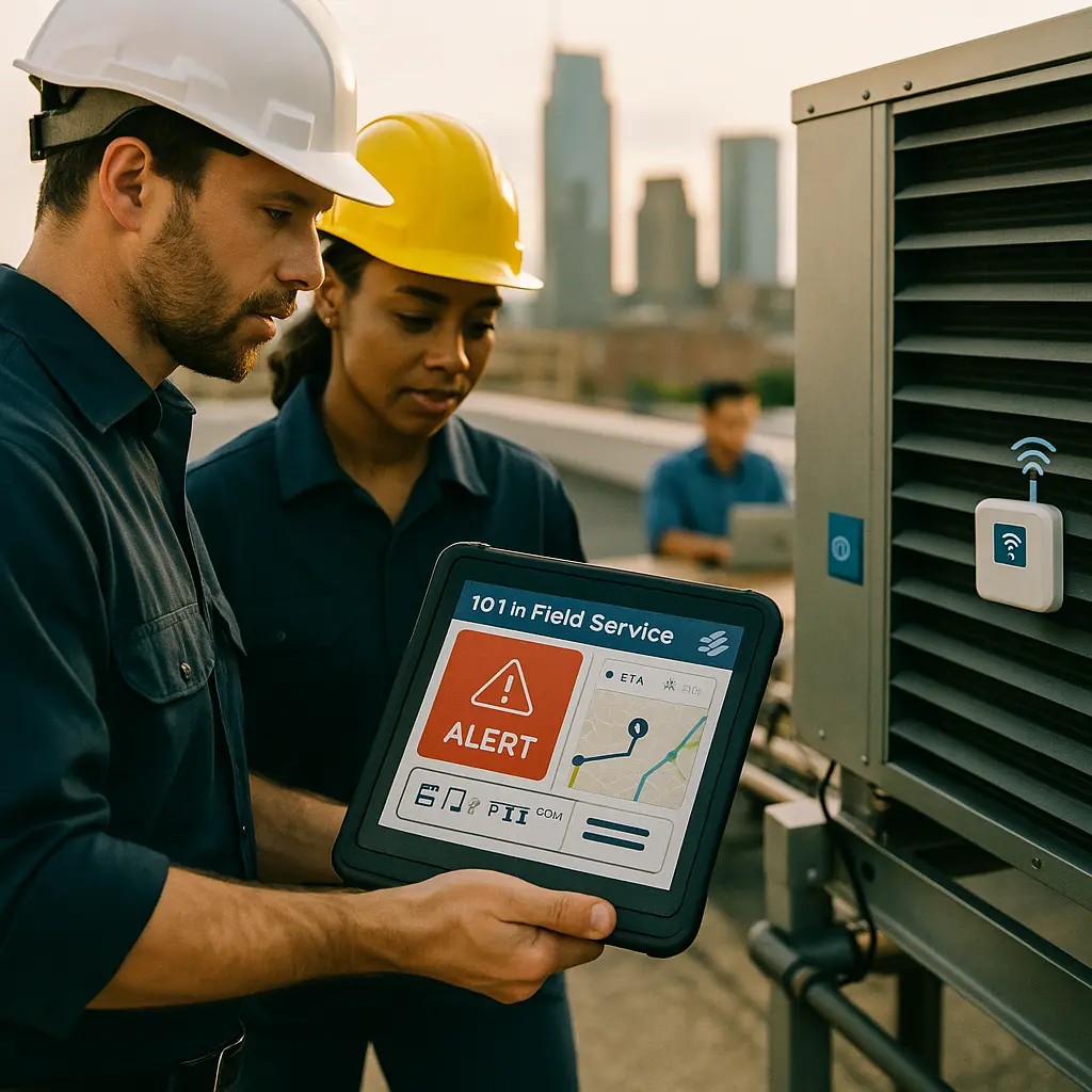 Technicians view an IoT in Field Service alert on a tablet beside a rooftop unit—sensor warning triggers a predictive work order.