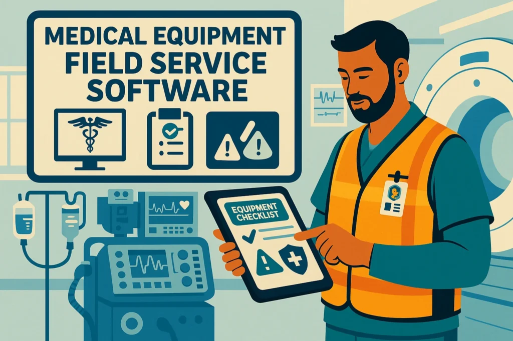 Technician inspecting hospital equipment using medical equipment field service software by Shifton