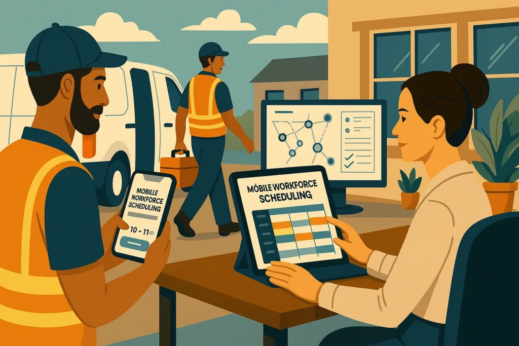 A diverse team of field employees and managers using tablets and laptops to manage tasks through mobile workforce scheduling software.