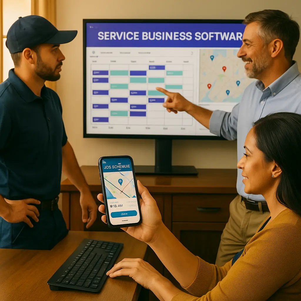 Team discussing service business software using dashboard on TV and mobile app for scheduling and task tracking
