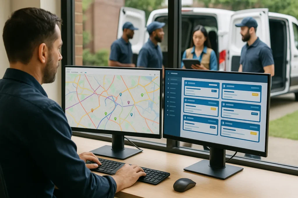 Logistics manager using dual monitors to plan and dispatch routes with service dispatching software.