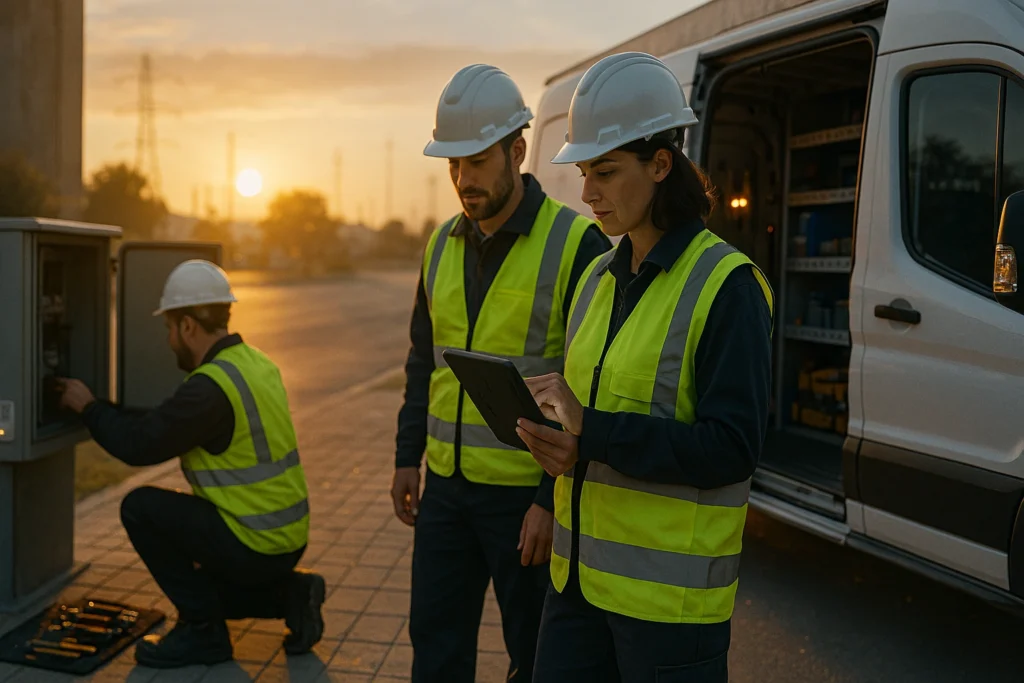 Utility workers inspecting equipment at sunset