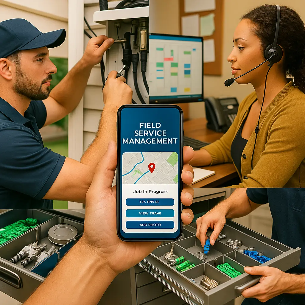 Technician using Telecom Field Service Management app while dispatcher monitors operations on screen.
