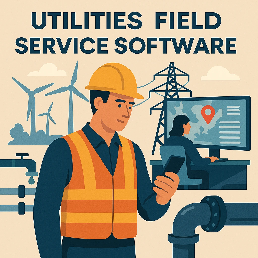 Utility field technician using tablet and smart dashboard to manage maintenance tasks — illustration of utilities field service software by Shifton