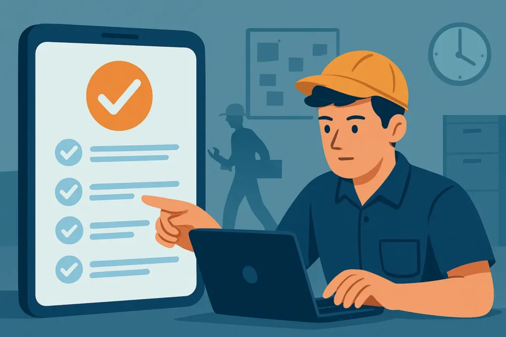 Field service manager using digital work order management software on a laptop in a modern office environment