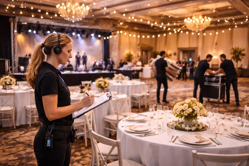 Event planner arranging elegant banquet hall setup.