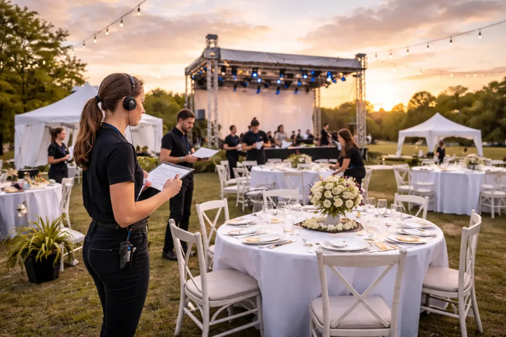 Event staff preparing outdoor wedding reception at sunset.