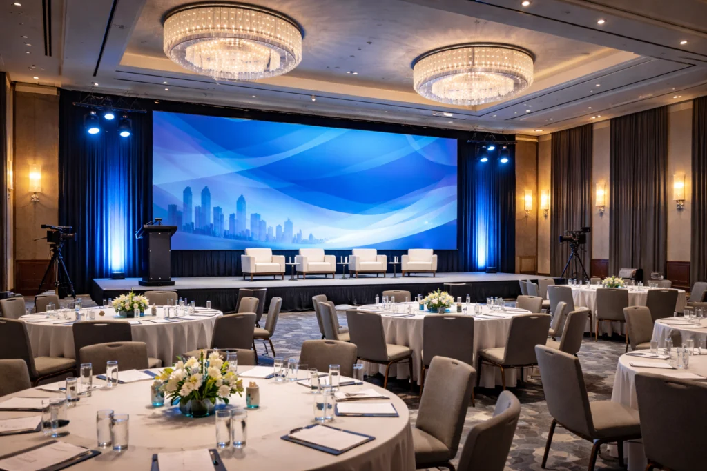 Conference room with stage and round tables