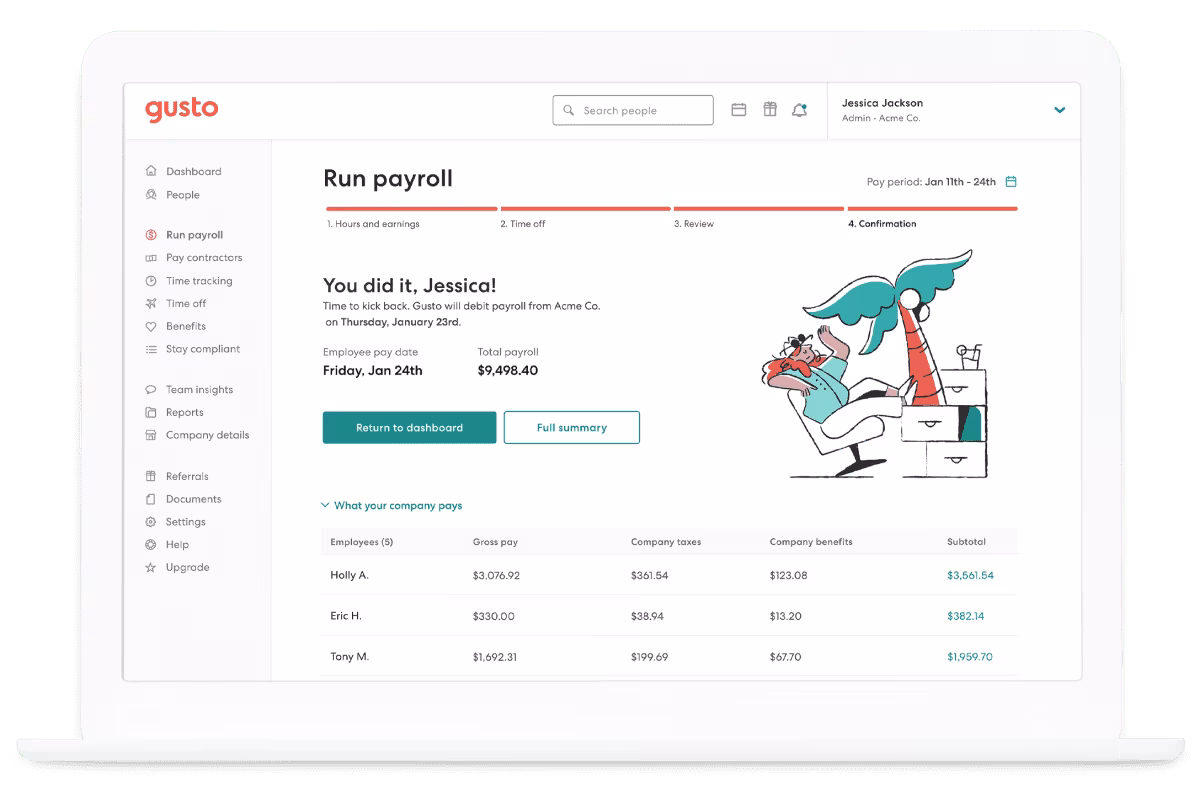 Upravljacka ploca softvera za platni obracun Gusto - zaslon za potvrdivanje obrade place