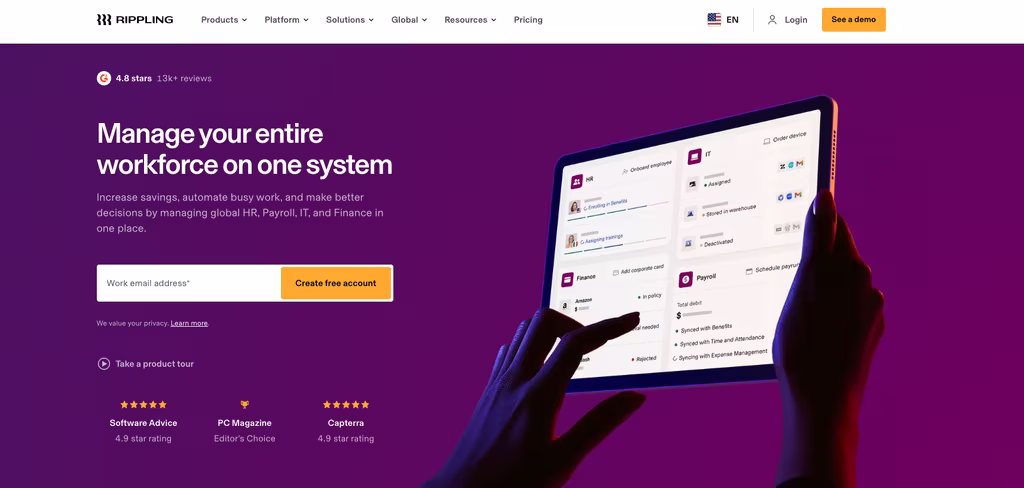 Rippling unified HR, IT and payroll platform Rippling HR and payroll platform dashboard