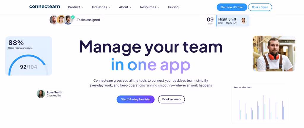 Perangkat lunak bisnis katering Connecteam yang menampilkan jam absen, penjadwalan, dan obrolan tim di seluler