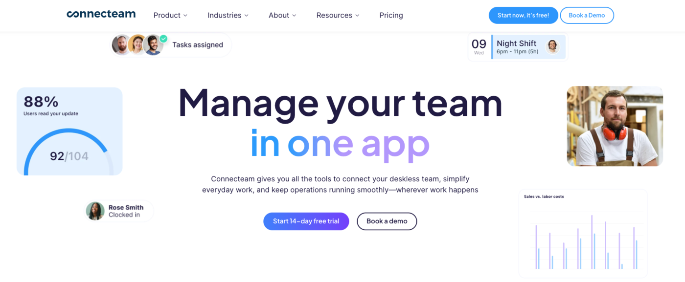 Connecteam roster app interface with shift scheduling and team communications for deskless workers