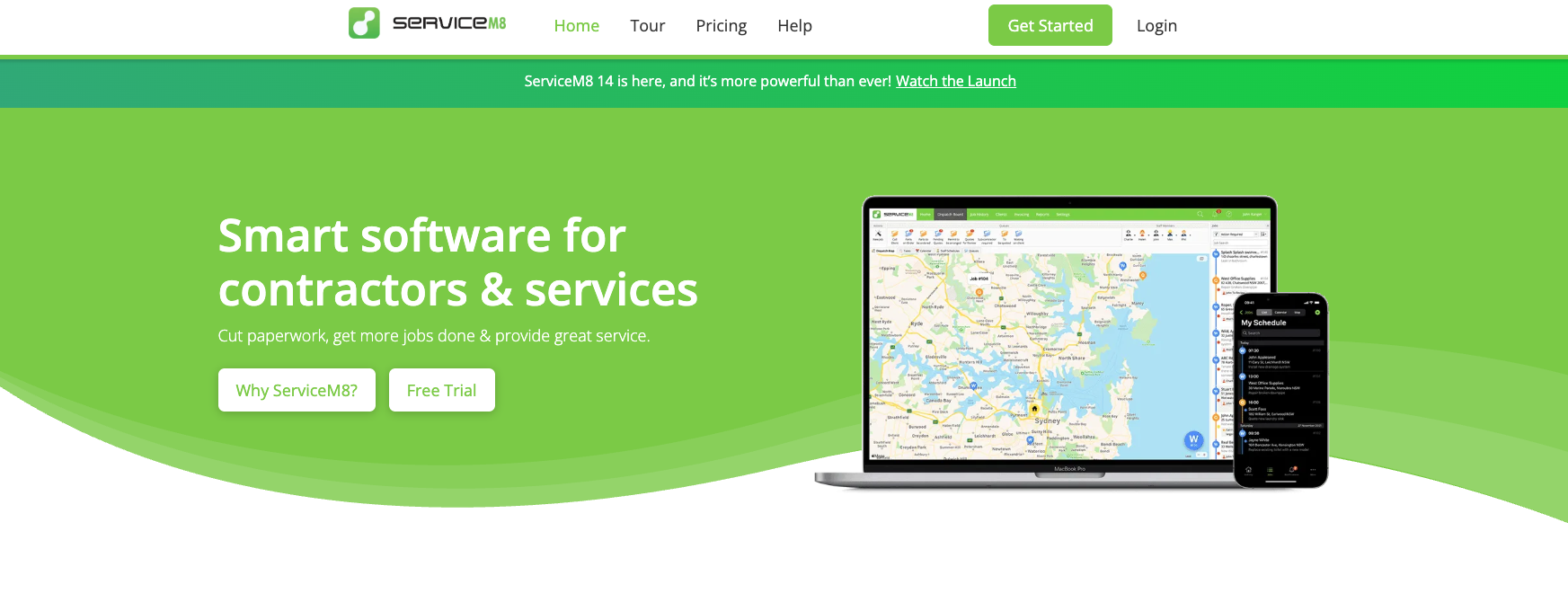 ServiceM8 field service app showing job scheduling and on-site invoicing for trade businesses