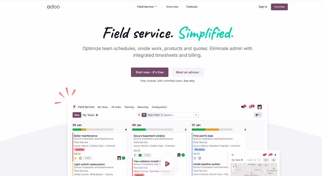 Odoo open source modul pro správu služeb v terénu dashboard s plánováním a fakturací