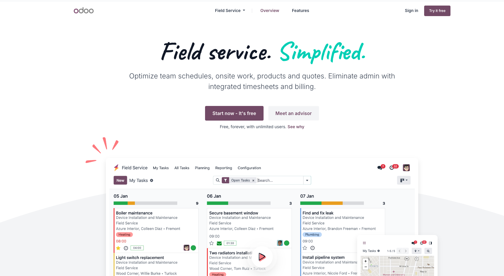 Odoo open source field service management module dashboard with scheduling and invoicing