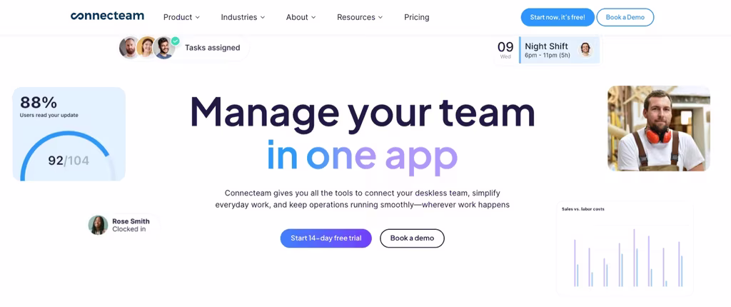 Застосунок Connecteam для управління безофісним персоналом зі складанням розкладу, табелем часу та командними повідомленнями - альтернатива Rippling із фіксованою ставкою для SMB-команд