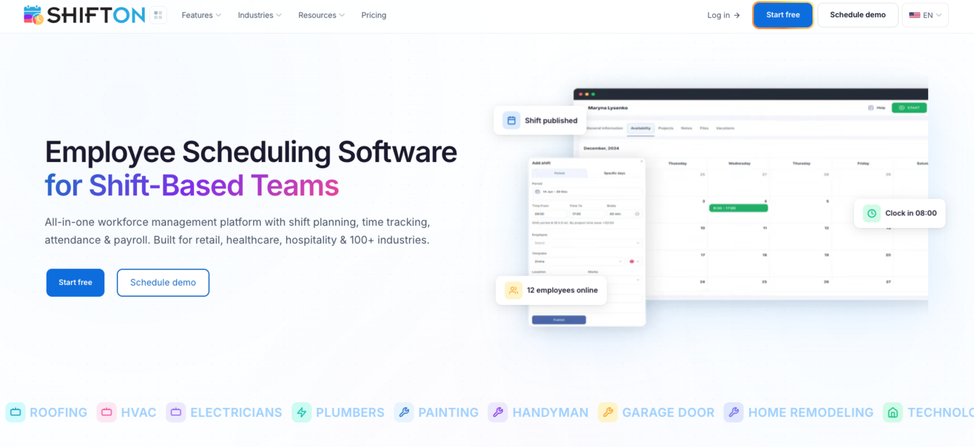 Shifton lawn care scheduling software dashboard with shift schedule, crew assignments, and time tracking for outdoor service teams