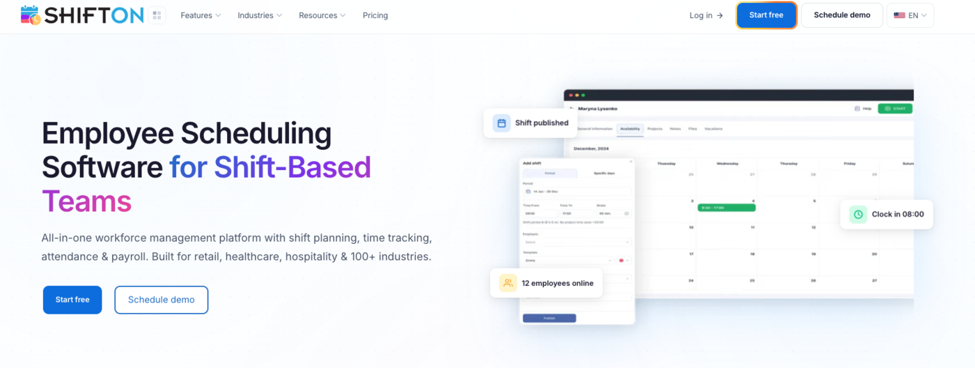 Shifton roster app dashboard with drag-and-drop shift scheduling, recurring patterns, and team management