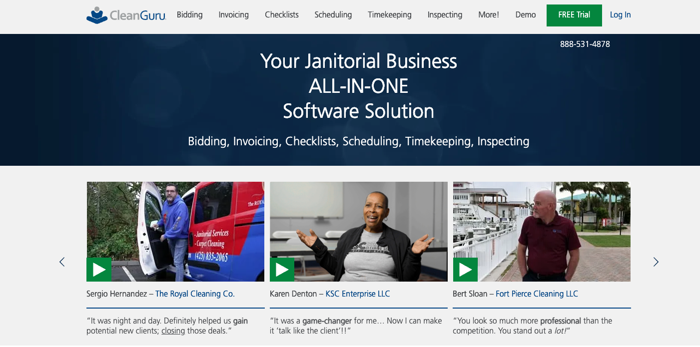 CleanGuru janitorial bidding calculator showing a cleaning proposal and inspection checklist
