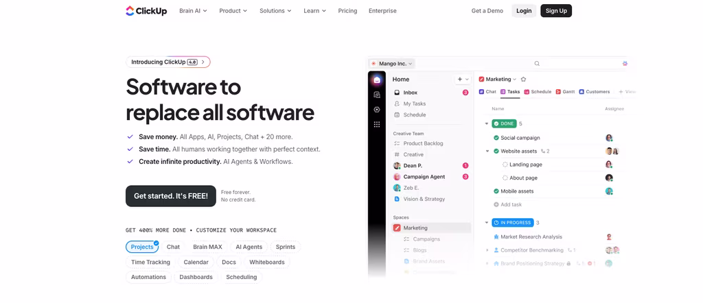 ClickUp - free task management tool with unlimited members ClickUp task list and board views showing project tasks and assignees