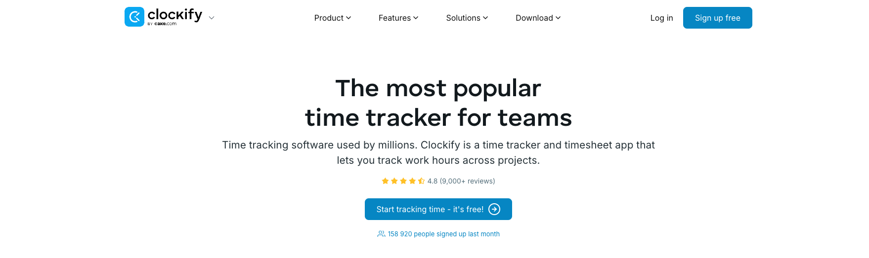 Clockify homepage describing the most popular time tracker for teams with a 4.8 rating