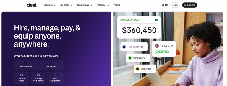 Deel HR software dashboard showing global payroll, contractor management and employee records