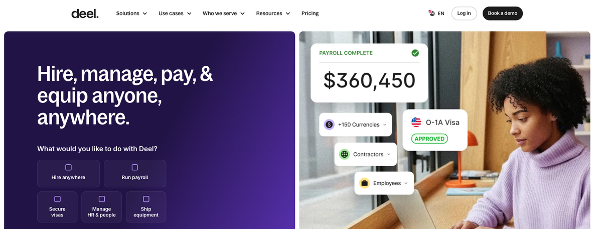 Deel HR and global payroll platform for small business Deel HR software dashboard showing global payroll, contractor management and employee records