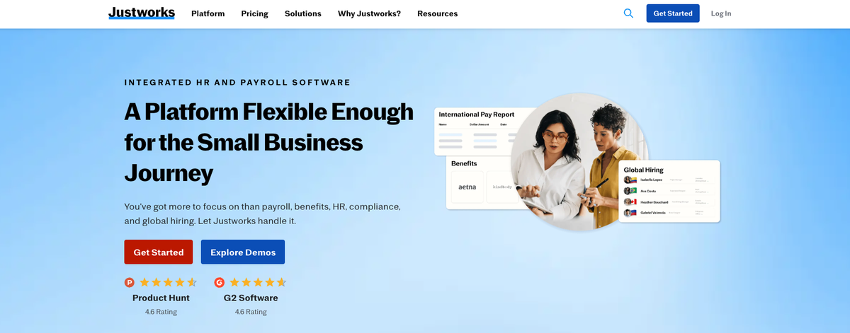 Justworks PEO payroll and benefits for small business Justworks PEO platform showing payroll, benefits administration and compliance tools for small teams