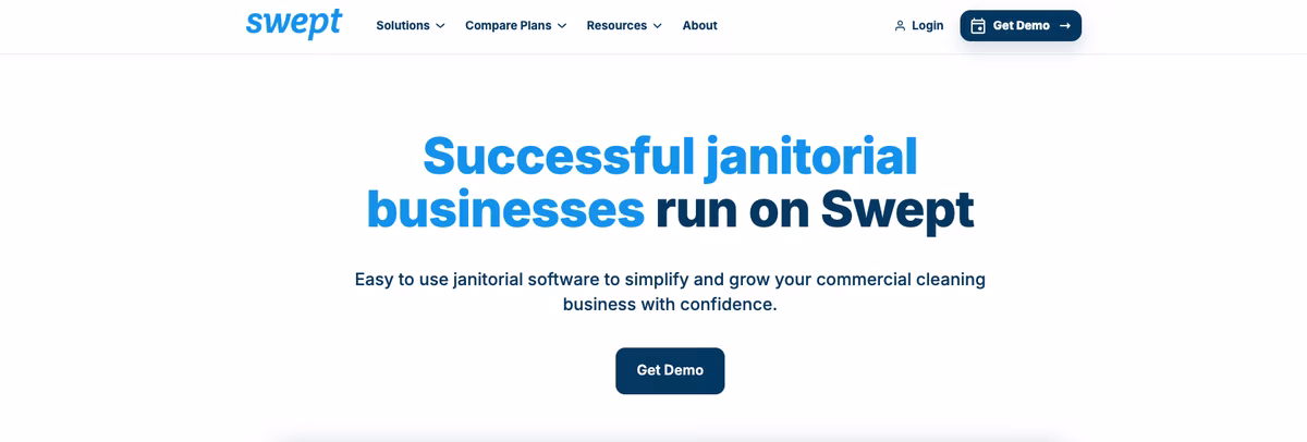 Swept commercial janitorial software with location-based scheduling Swept janitorial software showing location-based scheduling and cleaner timekeeping