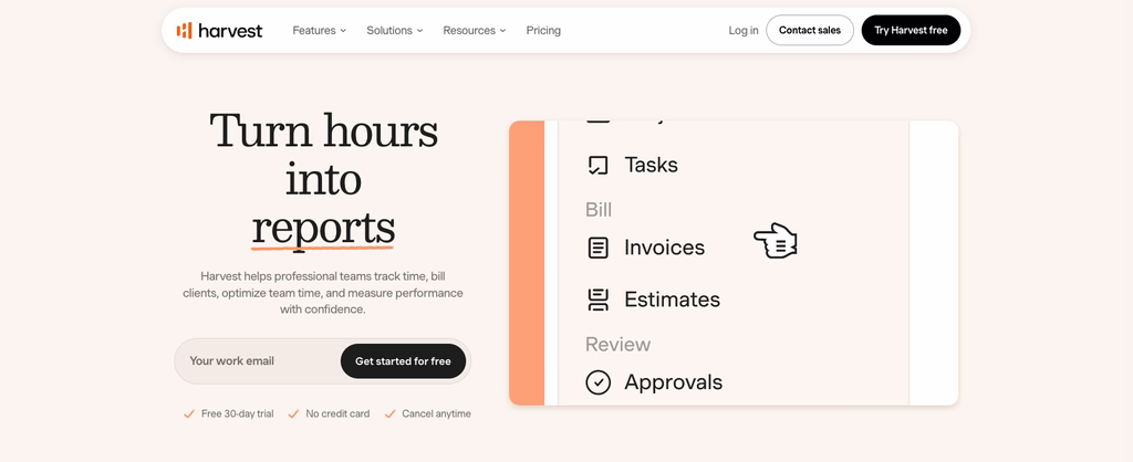 Harvest homepage showing its tasks, invoices, estimates and approvals panel