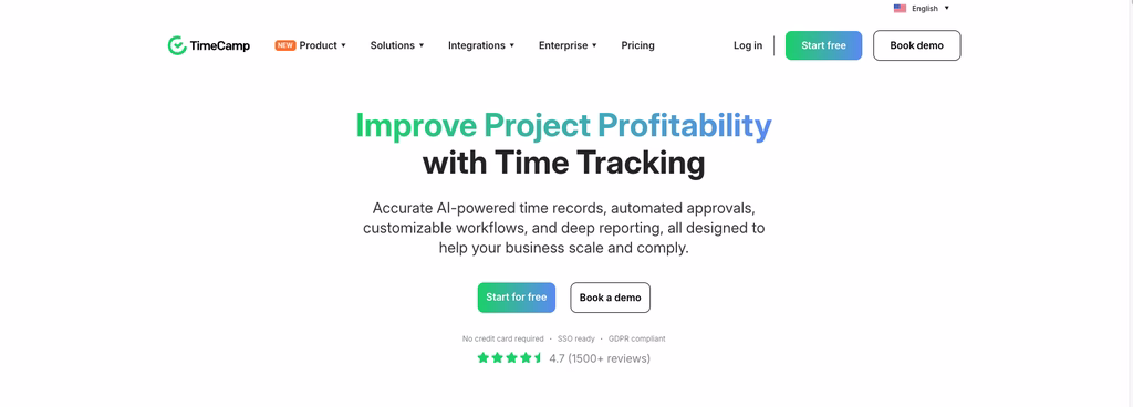 TimeCamp homepage presenting time tracking with automated approvals and reporting