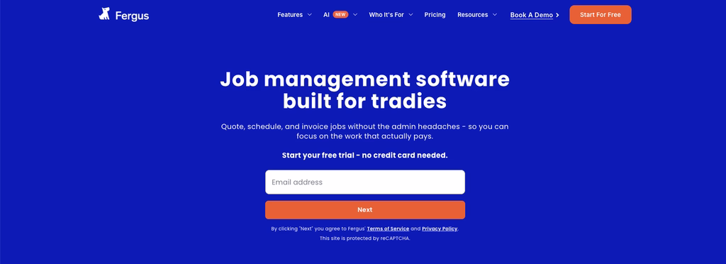 Fergus job management for trades Fergus homepage with a free trial form for trade businesses