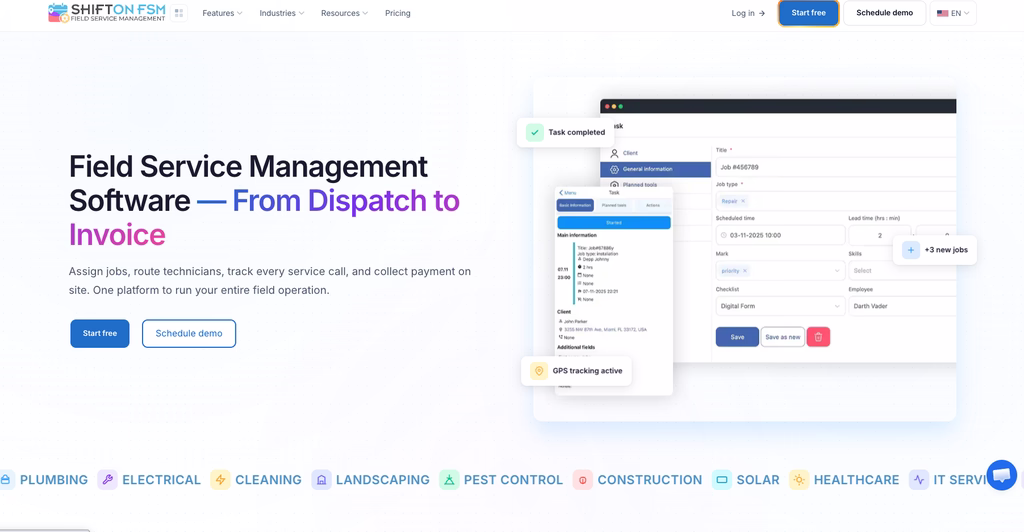 Shifton Service field service management Shifton Service website showing the field service management product