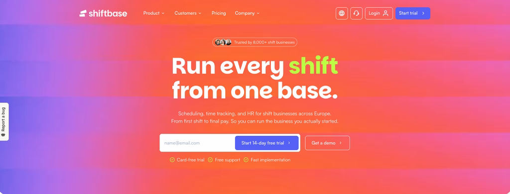 Shiftbase scheduling and absence management Shiftbase website showing its scheduling product for shift teams