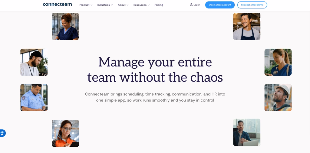 Connecteam app showing the company updates feed, group chat and employee directory for frontline staff
