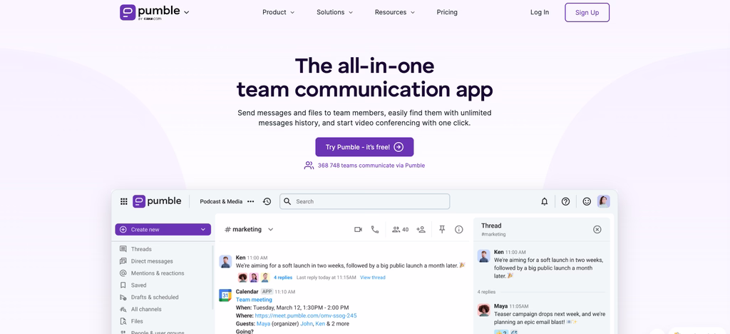 Pumble team chat interface with channels, direct messages and threads