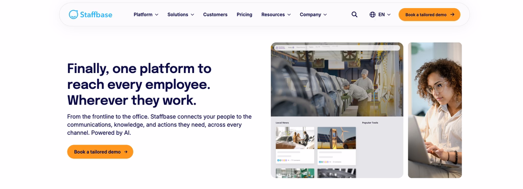 Staffbase employee app showing a company news feed and intranet built for internal communications