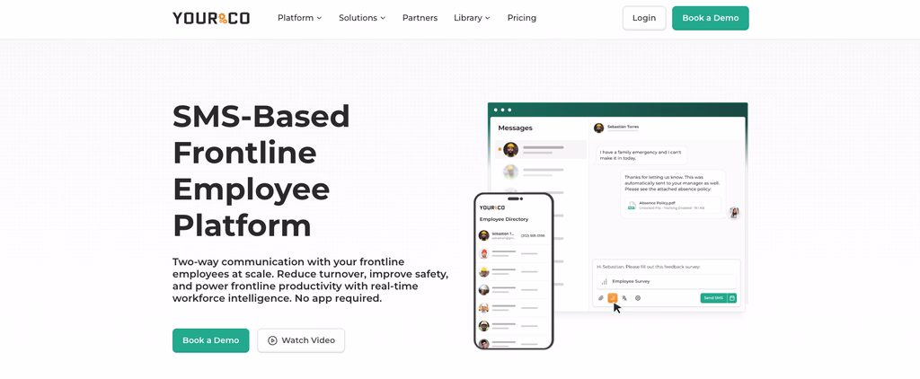 Yourco SMS platform showing two-way employee text messaging and polls from a company number