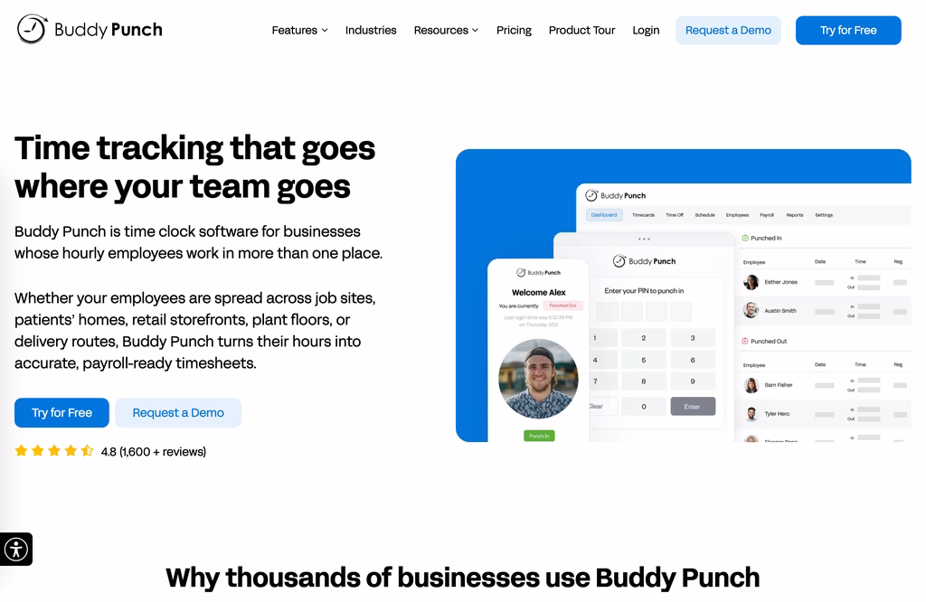 Buddy Punch time clock software page with a headline and a punch-in screen beside a timecard dashboard