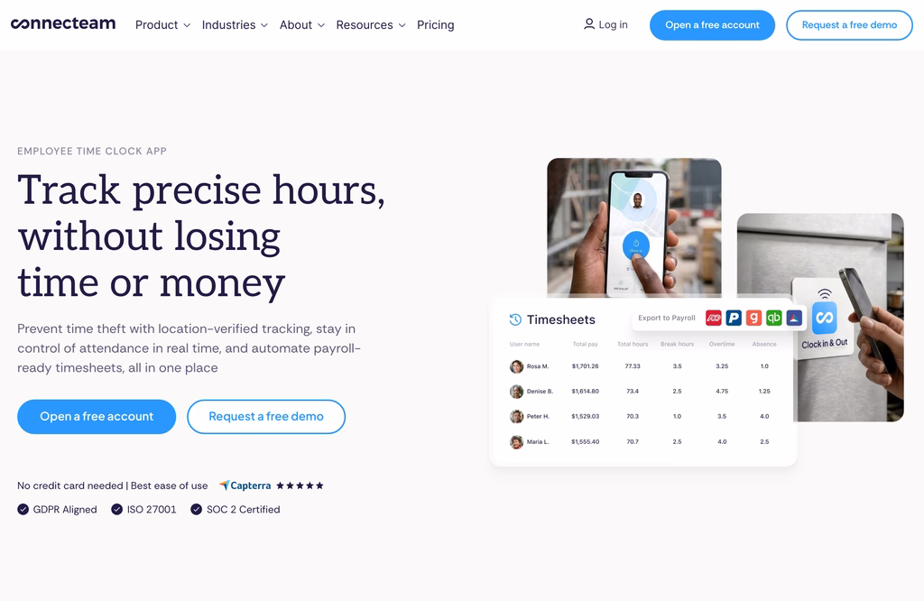 Connecteam employee time clock app page with a headline and a timesheets screen next to a phone clock-in