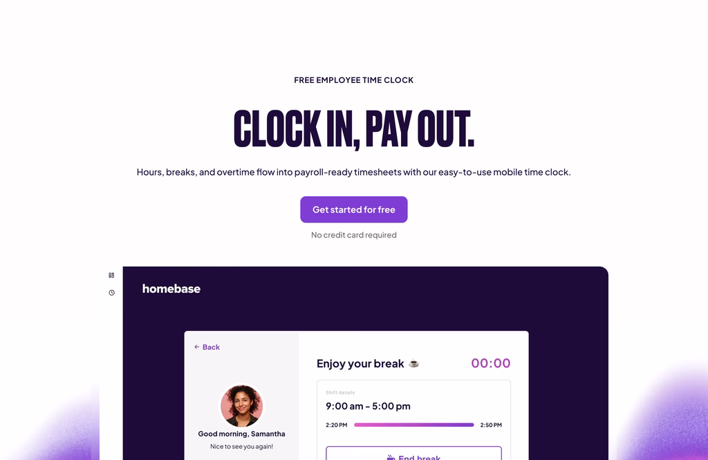 Homebase free employee time clock page with a headline, get started button and a timesheet preview