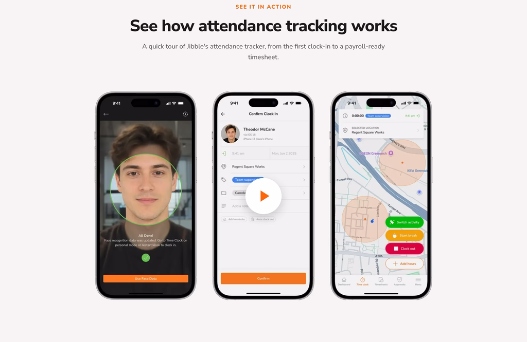 Jibble attendance tracker section with three phone screens: face recognition, clock-in confirmation and work location map