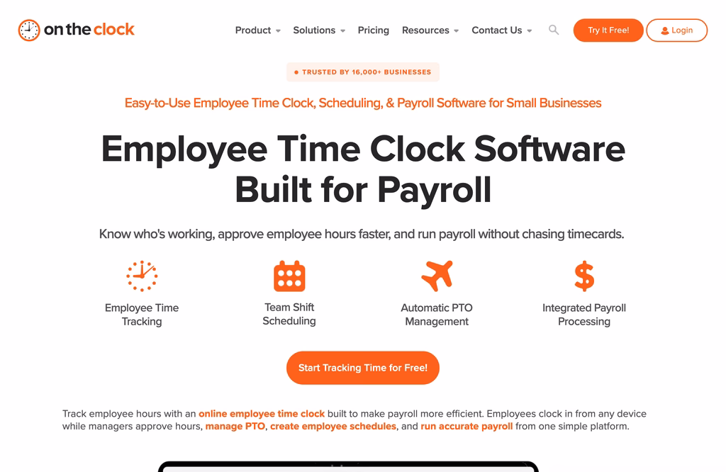 OnTheClock employee time clock software page listing time tracking, shift scheduling, PTO management and payroll processing
