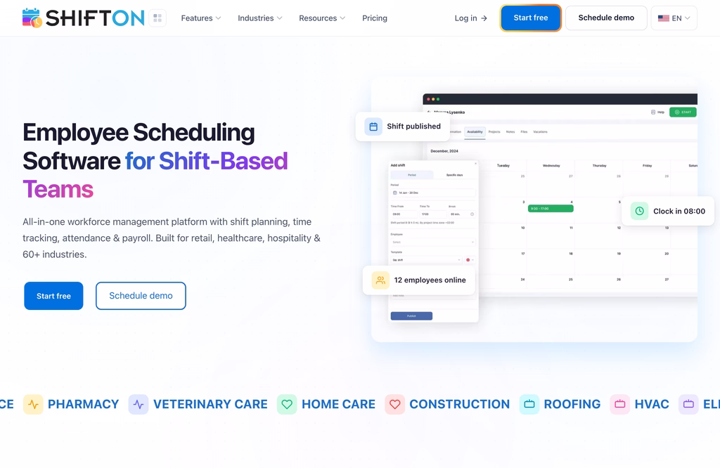 Shifton employee scheduling software homepage with a shift calendar, clock-in and employees online cards