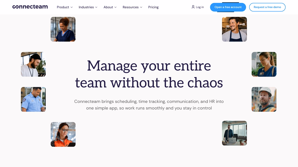 Connecteam homepage headline about managing a team without chaos, surrounded by photos of employees in different jobs