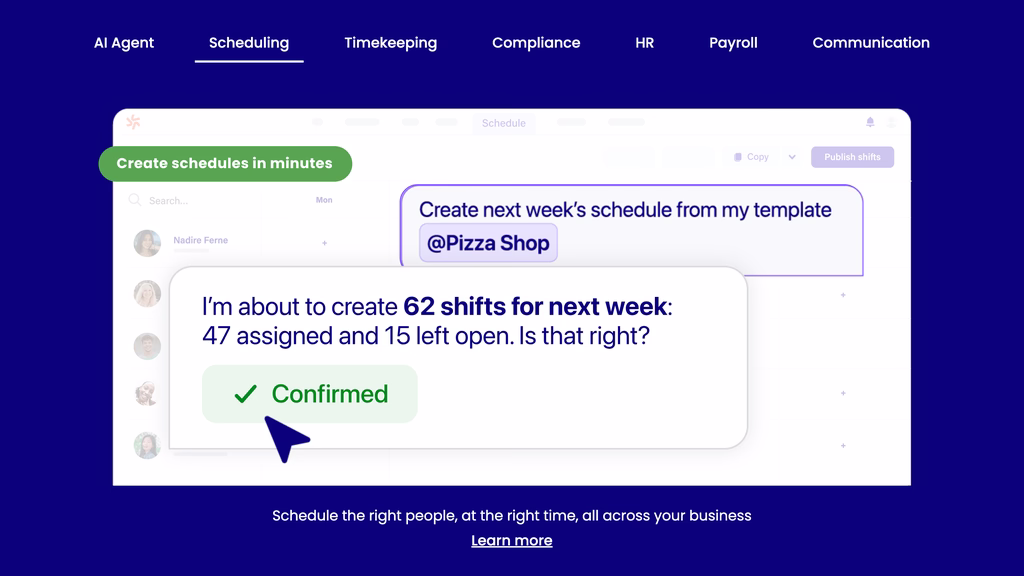 Deputy homepage feature tabs including scheduling and timekeeping above an AI shift scheduling screen with a confirmation message