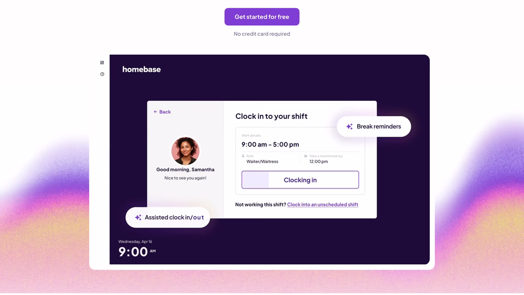 Homebase homepage showing a clock in to your shift screen with shift hours and break reminder labels