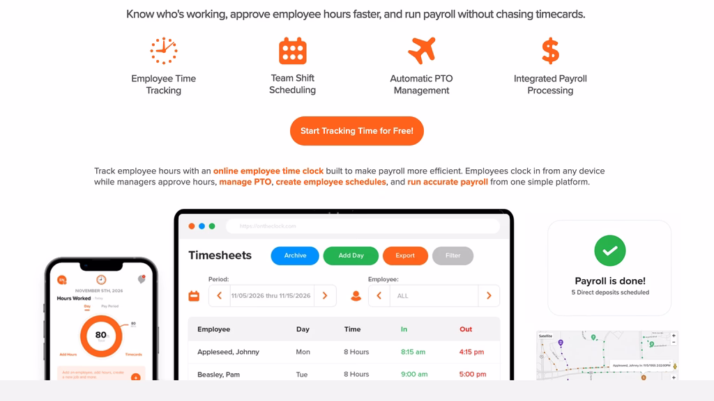 OnTheClock homepage showing a timesheet table with in and out times beside a mobile hours view